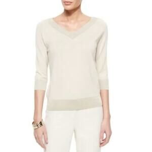 ST. JOHN | Cream Wool Silk Blend V Neck Lightweight 3/4 Sleeve Sweater | Medium